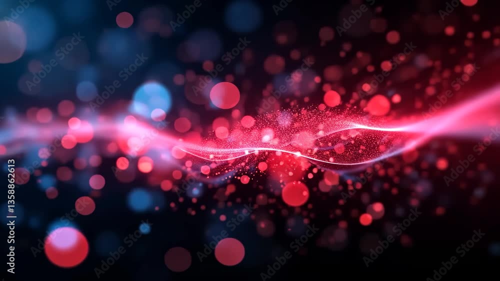Poster abstract digital artwork of flowing red and blue light particles with bokeh on black background