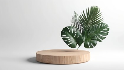 Wooden Podium with Tropical Leaves