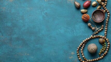 Naklejka premium Bohemian Decor Teal Textured Background with Wooden Beads and Stones