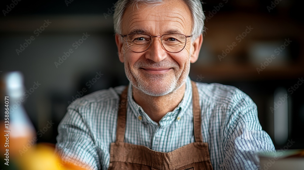 Aufkleber a man with glasses is smiling and wearing an apron. he is sitting at a table with a bottle and a bow