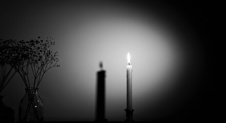 Lit Candle with Dried Flowers in Vase Dramatic Black and White Still Life Photography