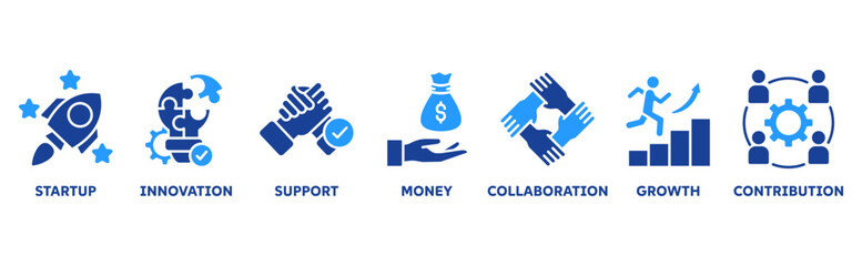 Crowdfunding icon set illustration concept with icon of startup, innovation, support, money, collaboration, growth, contribution 
