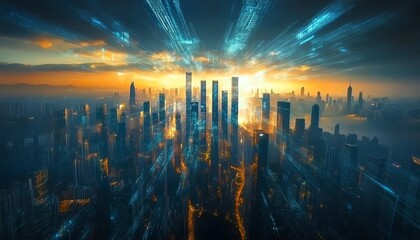 Stunning sunrise over a futuristic cityscape.  Digital streams of light radiate from the sun, illuminating towering skyscrapers.  Modern metropolis, technology, and hope.