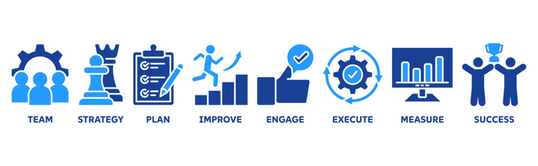 Change management icon set illustration concept business transformation and organizational change with team, strategy, plan, improve, engage, execute, measure, and success icon 