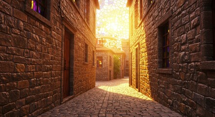 Sunlit Cobblestone Alleyway in Medieval European Style Town