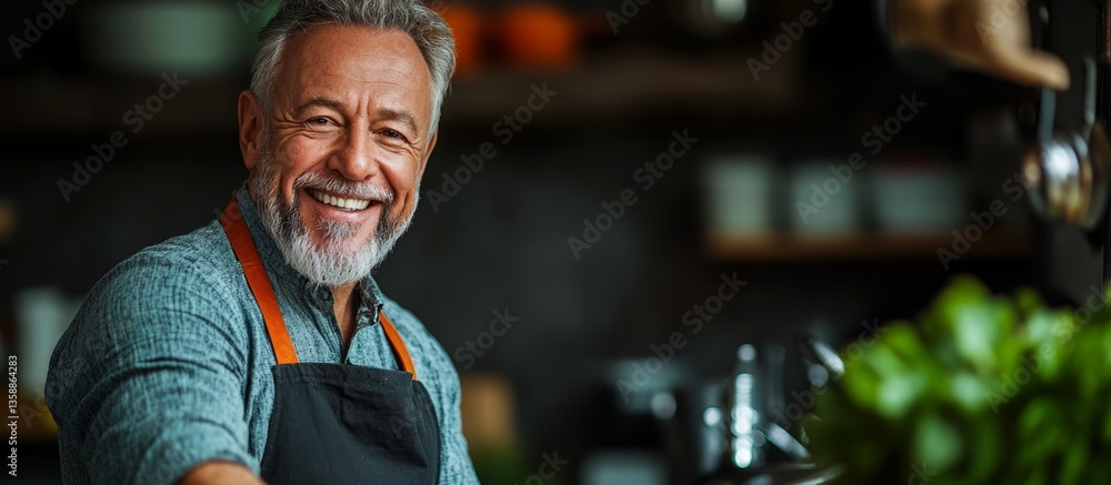 Poster a man with apron and a smile is standing in a kitchen. he is smiling and looking at the camera