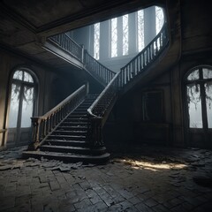 Obraz premium Grand, Abandoned Staircase in a Decaying Mansion