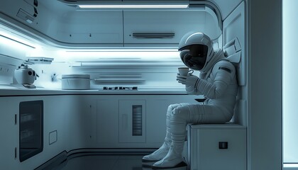 Fototapeta premium Astronaut enjoying a hot beverage in a futuristic spaceship kitchen. A moment of quiet contemplation amidst the vastness of space.