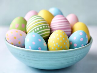 Fototapeta premium Bowl of vibrant colorful easter eggs placed on blue background with smooth texture and glossy surface symbolizing tradition creativity and springtime renewal in celebration wallpaper