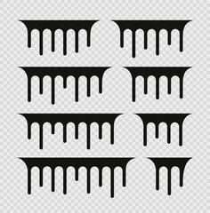 Naklejka premium Stencil molten graffiti. Drip paint isolated on white background. Melt liquid with black drops. Spill fluid border. Vector illustration. Droplet print. Silhouette of stain with trickles.