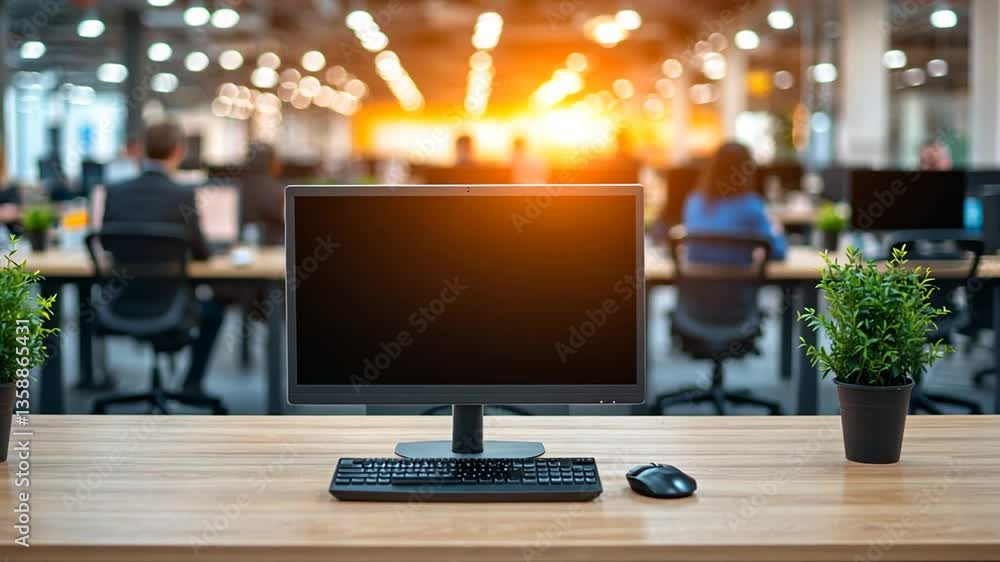 Poster blank desktop computer in modern workspace with colleagues at work generative ai