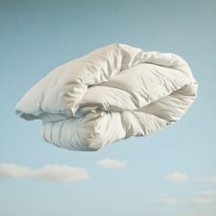 A fluffy white comforter floats gently in the sky, surrounded by a few soft clouds. The surreal visual combines dreamlike softness with the airy expanse of the heavens.
