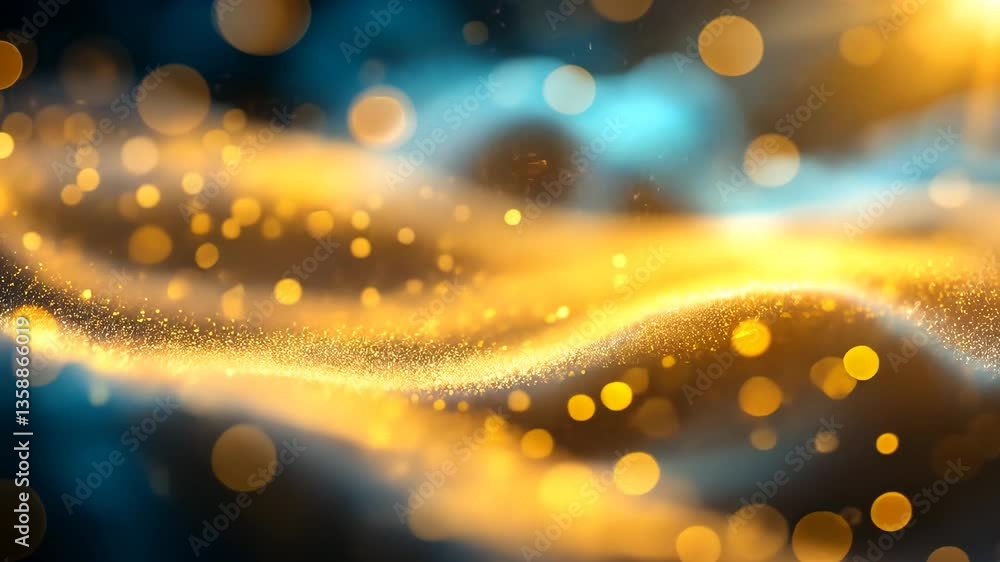 Aufkleber abstract gold particle flowing through blue and gold gradient bokeh background