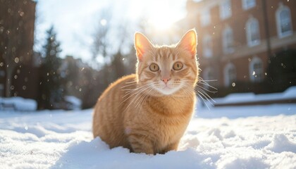 Cat sitting pretty in snow with sun. Outdoors background for holiday images