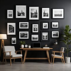 Fototapeta premium Modern Home Office with Black and White Cityscape Artwork