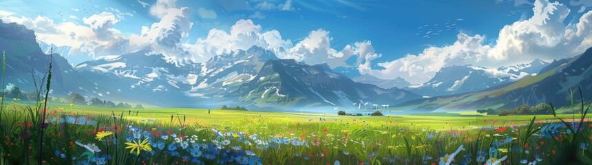 beautiful grassland surrounded by snowcapped mountains