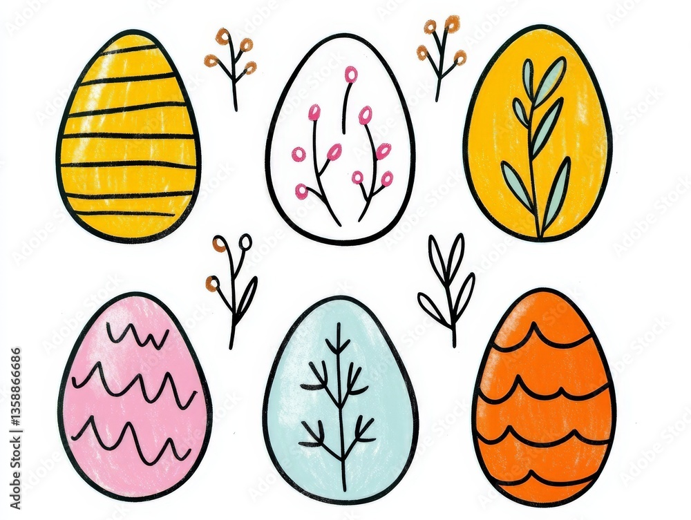 Aufkleber collection of three easter eggs in modern abstract linear style with bold colors over white backgrou