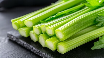 Fresh Green Celery Stalks Close Up on Black Surface Healthy Food Ingredient