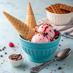 Trio of tasty chocolate vanilla and strawberry flavored frozen dessert in a blue bowl with two wafer straws.