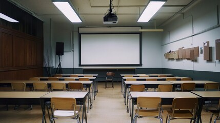 A clean and organized classroom setup, featuring modular desks and chairs, a ceiling-mounted projector, and a pull-down projector screen against a plain wall.  