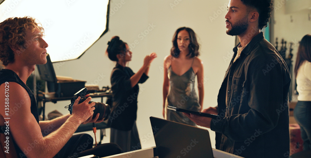 Poster photographer, team and model with people in studio for behind the scenes, planning and production. d