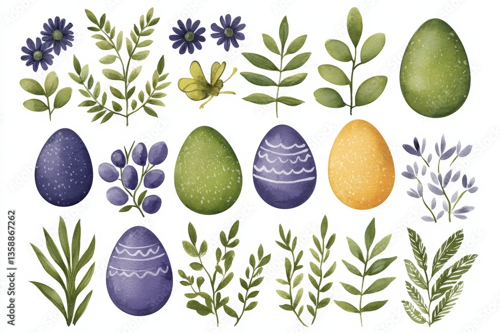 Poster collection of easter eggs arranged with floral elements on white background featuring hand drawn tex