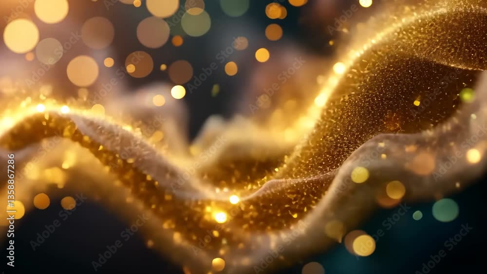 Poster abstract golden particle stream with bokeh effect on dark blue background creating magical atmospher
