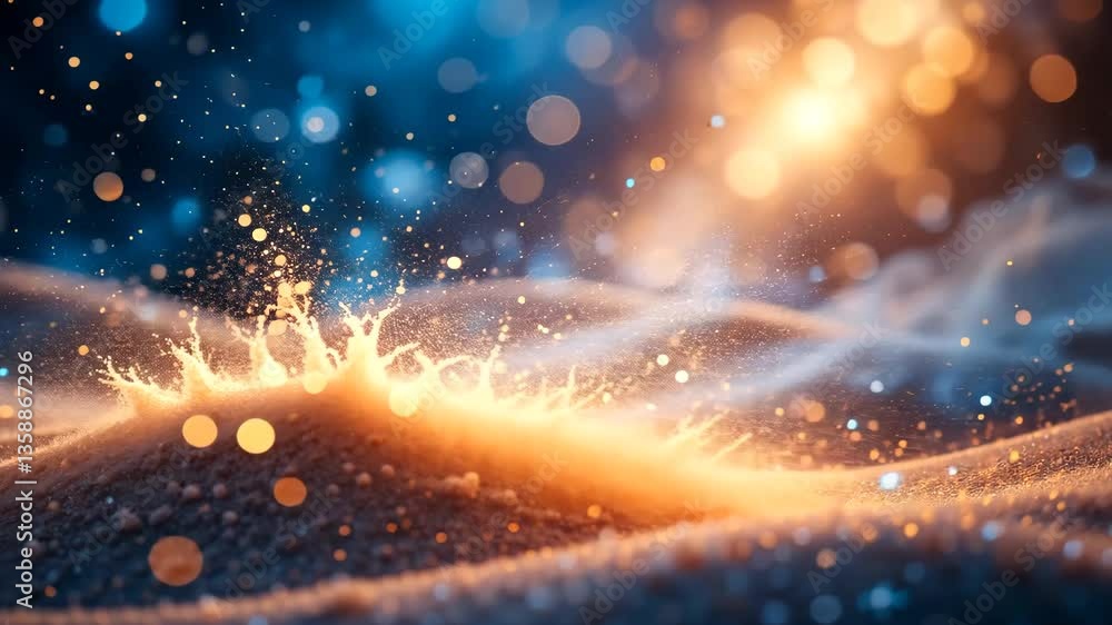 Poster abstract golden splash on sandy surface with bokeh lights and blurred background