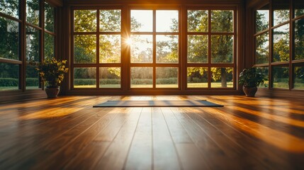 Obraz premium Peaceful yoga practice on a wooden floor with natural light streaming through the window creating a serene atmosphere