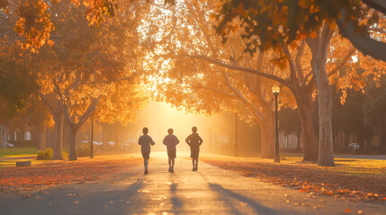 Kids enjoy a sunny afternoon running through a park surrounded by beautiful autumn trees and warm sunlight