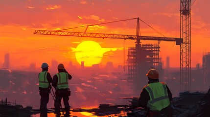 Fototapeta premium A collaborative scene of four workers in safety vests and helmets, actively communicating at sunset, with a crane and partially built structure visible. 
