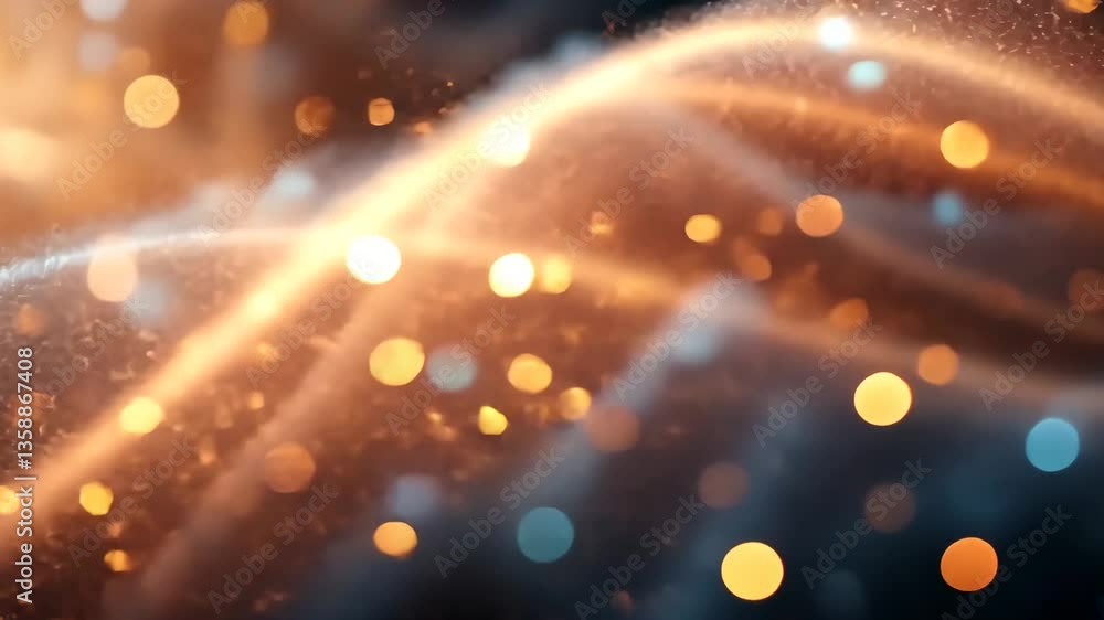 Poster abstract golden waves with sparkling particles and bokeh effect on dark background