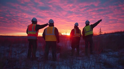Obraz premium A construction team of four men standing at dusk, pointing towards a project site while wearing safety gear, with a glowing sunset in the background. 