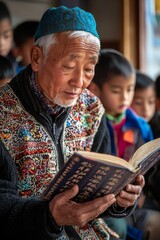 A wise elder in traditional clothing holds a book, guiding young students in recitation. The soft hum of their voices fills the quiet room