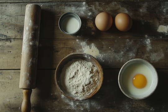 Rustic baking ingredients arranged on a wooden table (1)