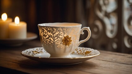 Elegant Tea Cup and Candlelight Still Life with Intricate Gold Details