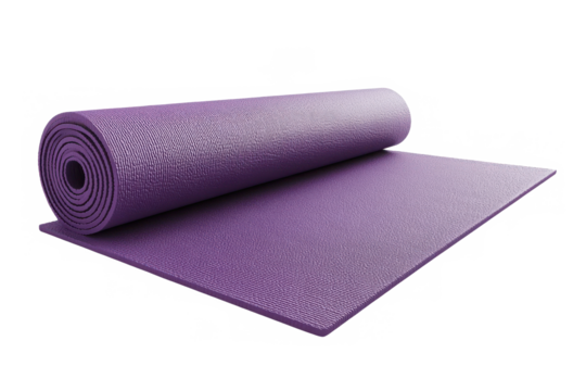 A partially rolled purple yoga mat on a black background showing the texture of the mat surface