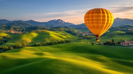 Naklejka premium Serene Hot Air Balloon Flight Over Rolling Green Hills at Sunrise, Aerial View of Tranquil Landscape