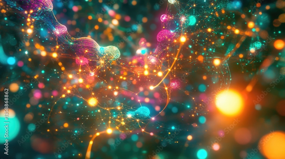 Poster abstract colorful background with glowing lines, dots, and spheres creating an energetic digital env