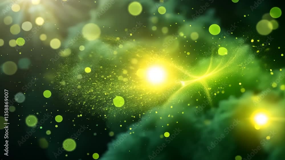 Poster abstract green art with bokeh effect dynamic light and energy in a glowing space