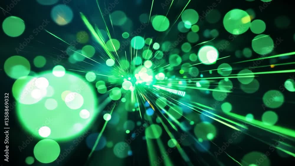 Poster abstract green bokeh and light streaks on a dark background for energy and digital concepts