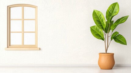 Lush green plant potted in a simple pot illuminated by soft natural light streaming through a window for elegance