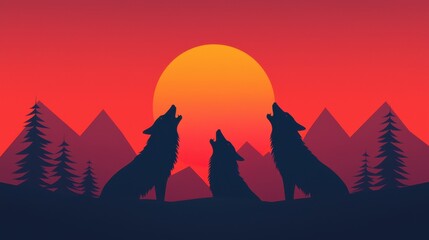 Fototapeta premium Howling Wolves Silhouette Against Vibrant Sunset Background