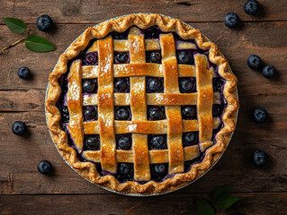 Celebrate National Blueberry Pie Day with a golden lattice crust pie and fresh blueberries on a rustic wooden table
