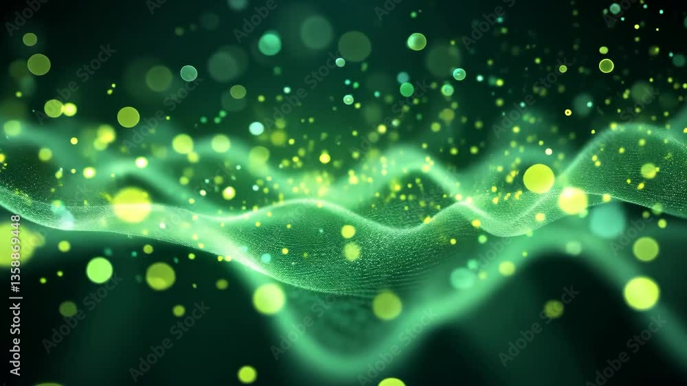Poster abstract green energy waves with sparkling particles and bokeh effect motion background