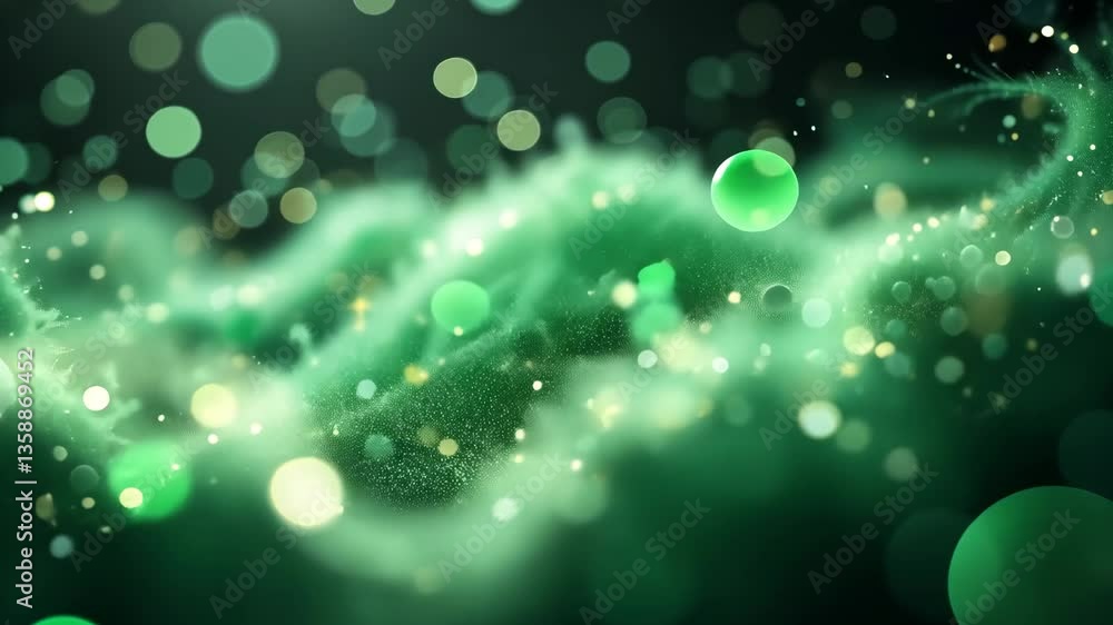 Poster abstract green bokeh background with shimmering particles in dark space