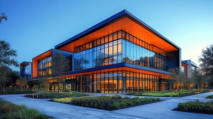 Obraz premium A contemporary school building showcasing bold architectural lines, large geometric windows, and an innovative, functional design, set amidst landscaped surroundings. 