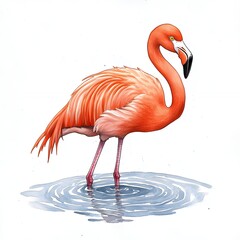 Obraz premium Serene Watercolor Painting of a Flamingo in Shallow Water, Delicate Pink Feathers and Elegant Pose