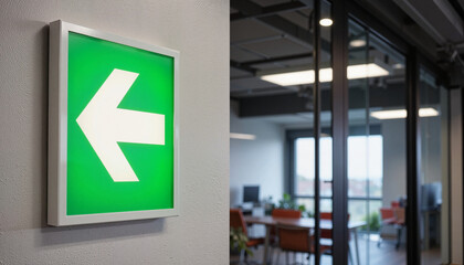 Green Left Direction Sign in Modern Office Environment  