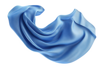 A piece of light blue fabric gracefully flowing and suspended in the air against a black background